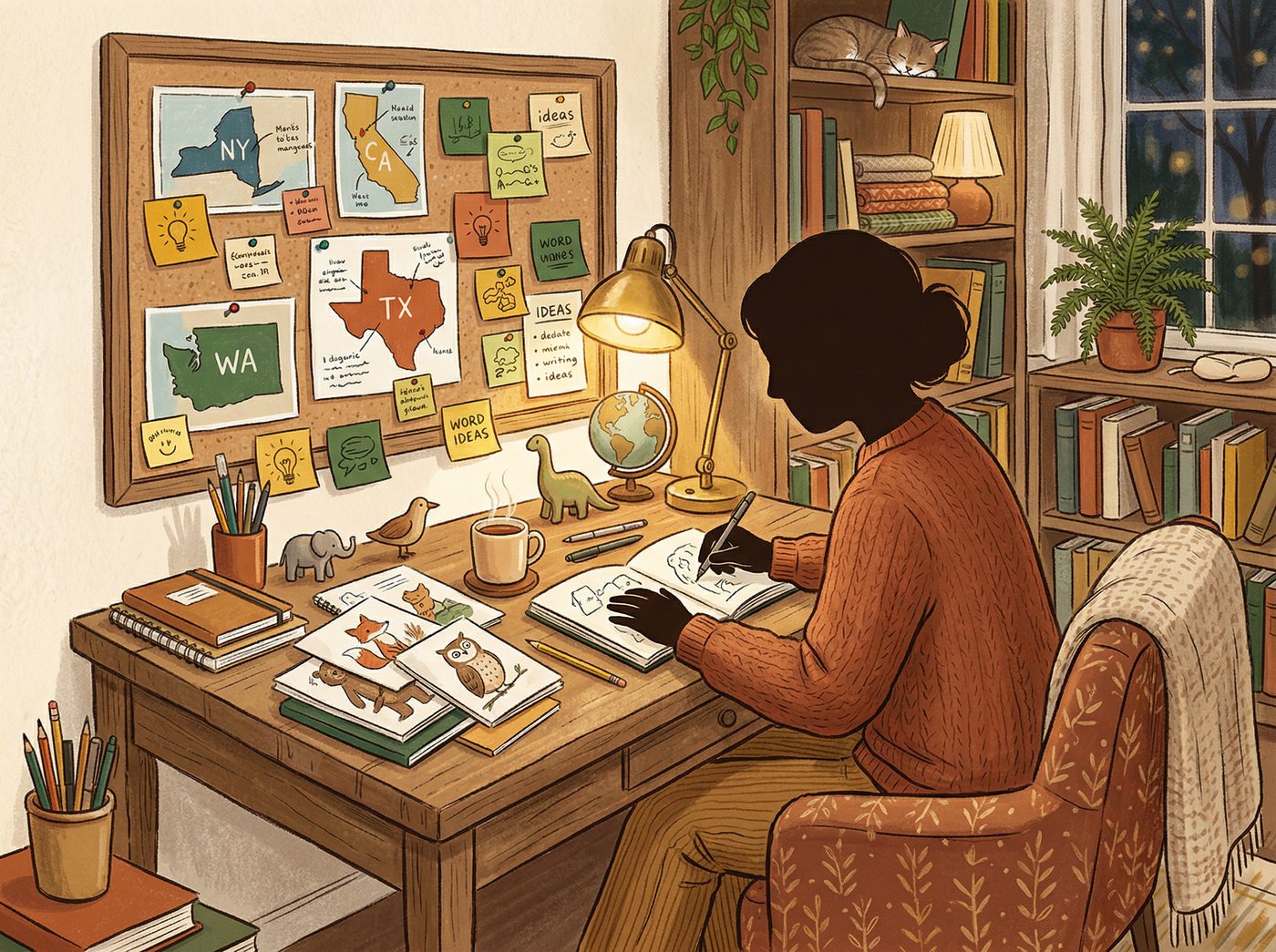 Author at a cozy writing desk surrounded by state maps and book sketches