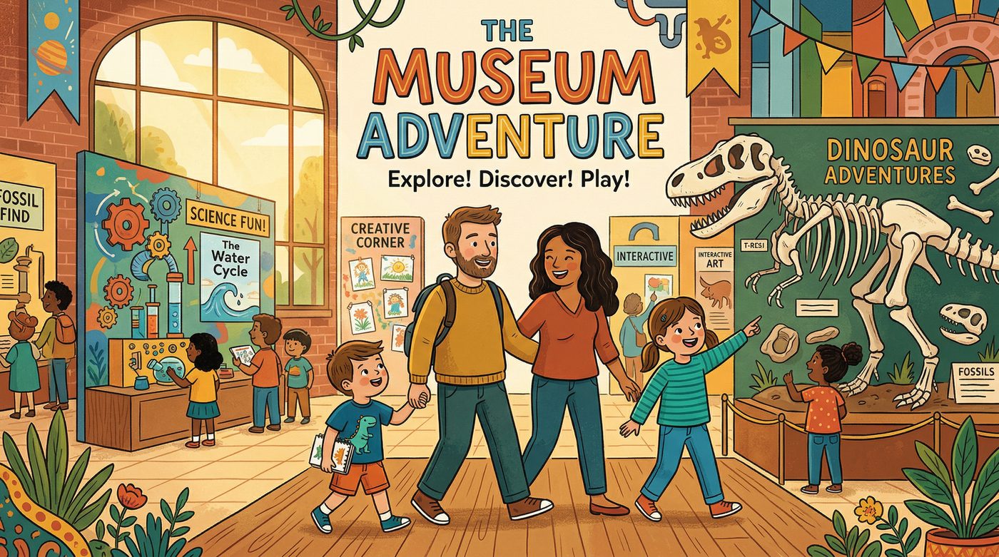 A family exploring a vibrant children's museum together