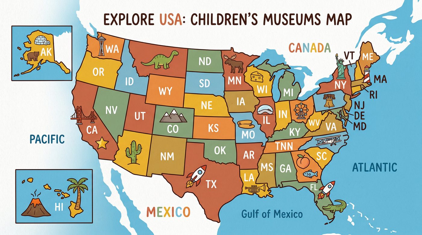 Illustrated USA map showing children's museums across all 50 states